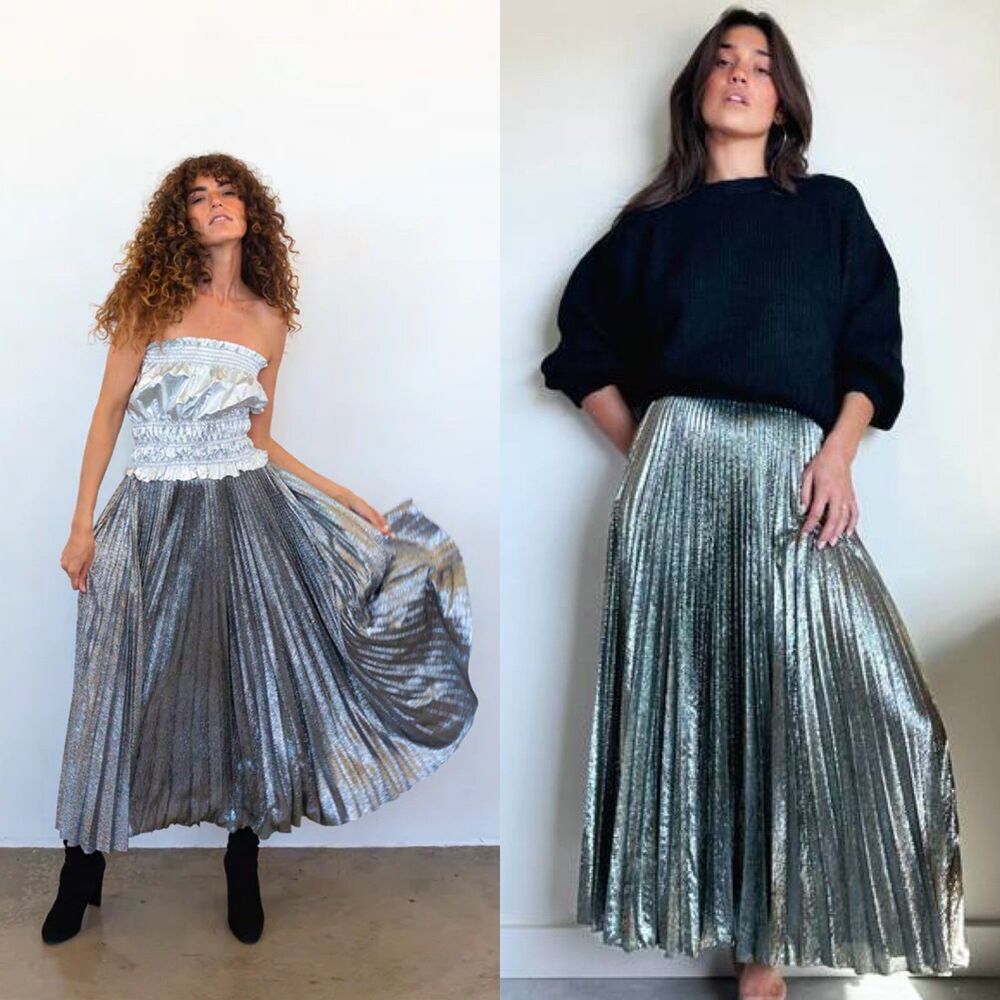 Loyd/Ford Women Size S/M Metallic Gold Silver Pleated Maxi Skirt Glam Festival